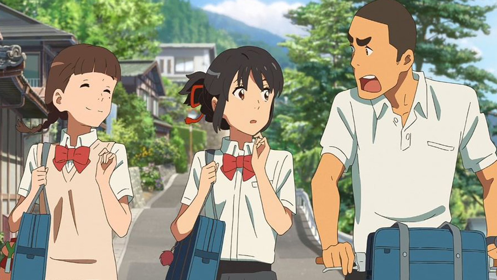 Los amigos de Suzume la rodean, mostrando interés y preocupación por los eventos extraños que están ocurriendo, mientras uno de ellos lleva una bicicleta, simbolizando la normalidad en medio del caos.